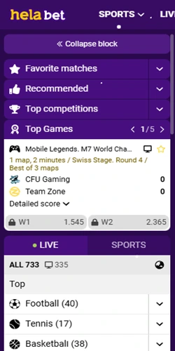 Helabet mobile app interface